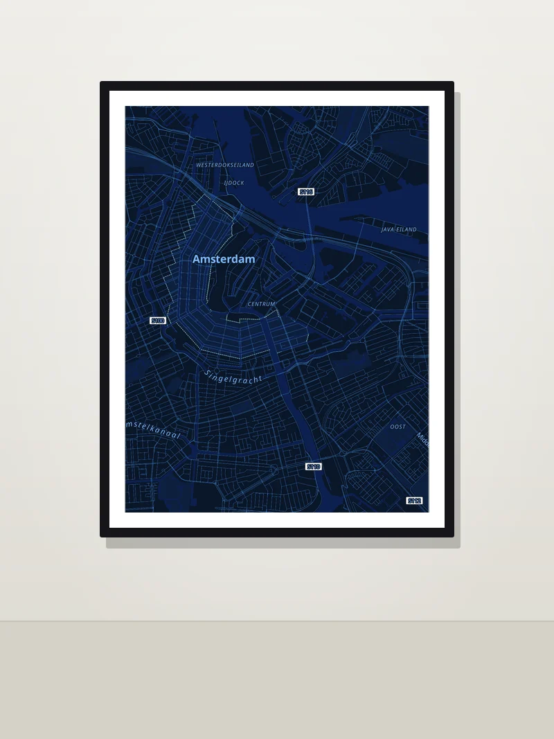 Amsterdam framed map poster on a wall — Blueprint style