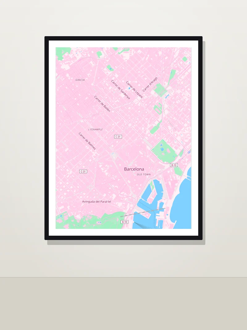 Barcelona framed map poster on a wall — Candy style