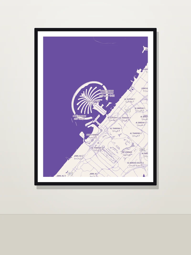 Dubai Palm framed map poster on a wall — Duotone style