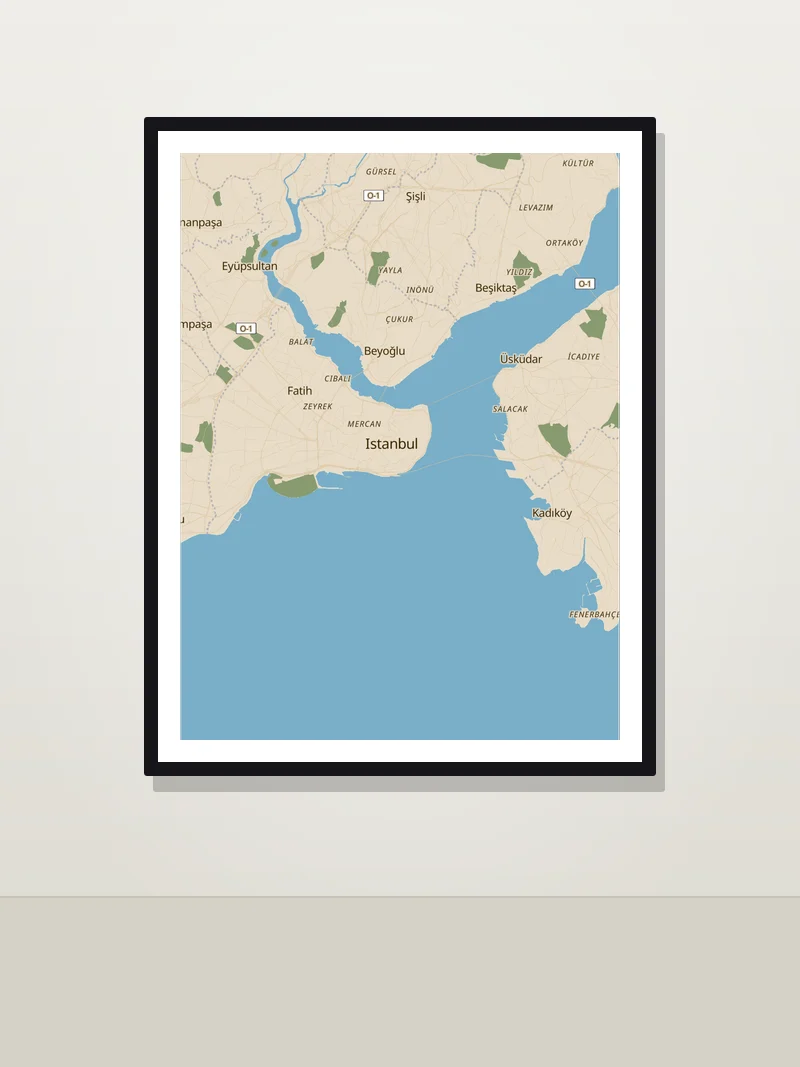 Istanbul framed map poster on a wall — Nat Geo style