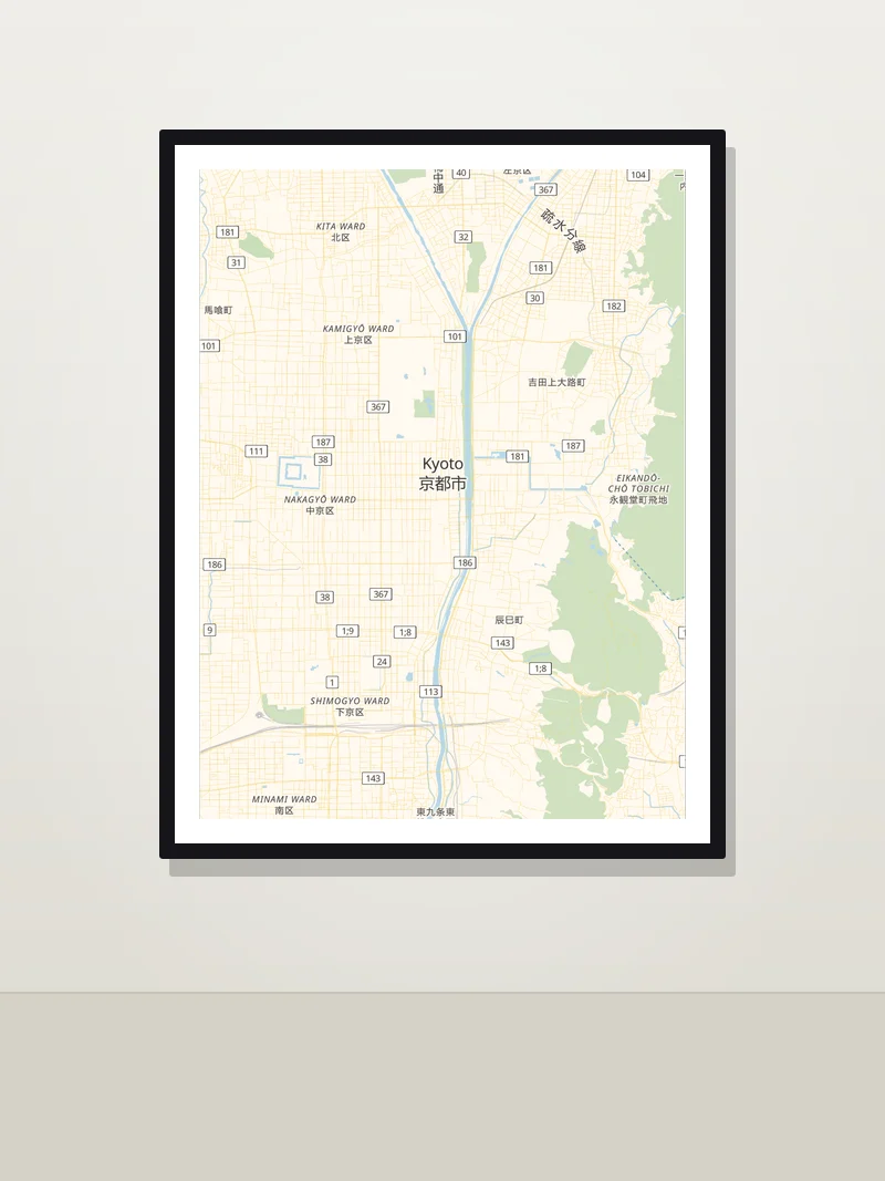 Kyoto framed map poster on a wall — Road Trip style