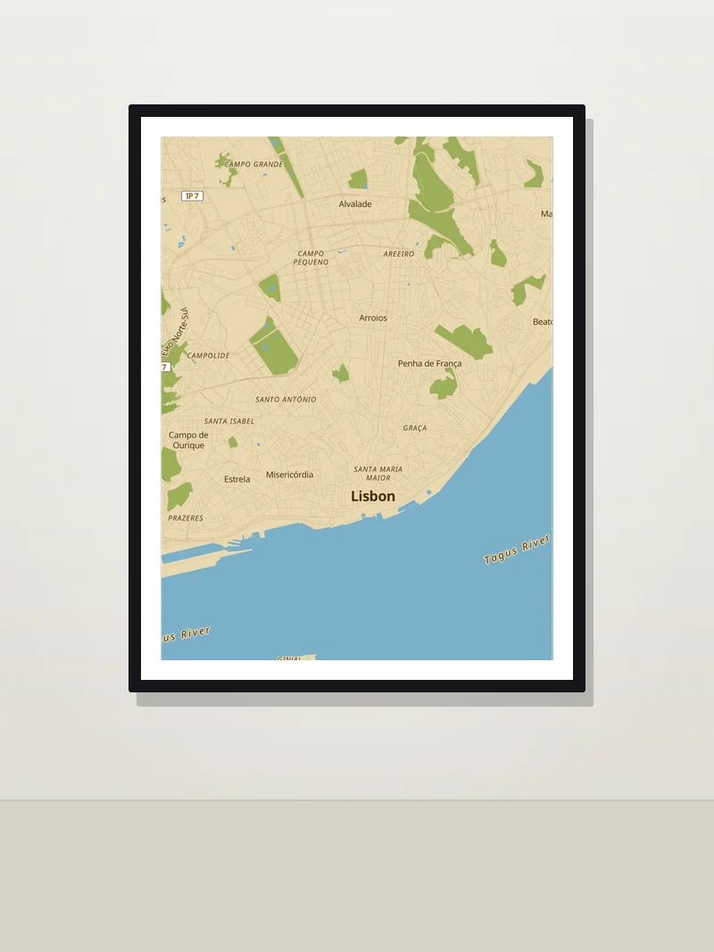 Lisbon framed map poster on a wall — Topo style