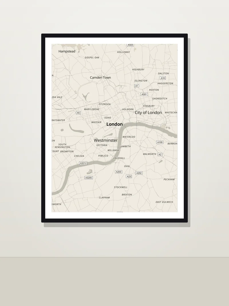 London framed map poster on a wall — Newspaper style