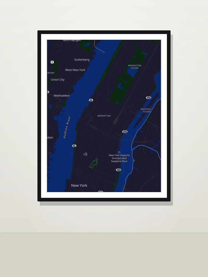 New York framed map poster on a wall — Asphalt style