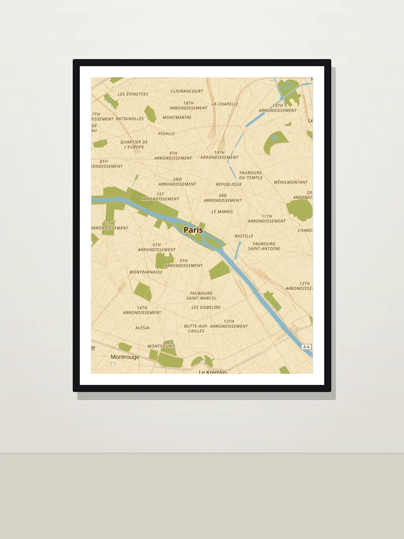 Paris framed map poster on a wall — Retro style
