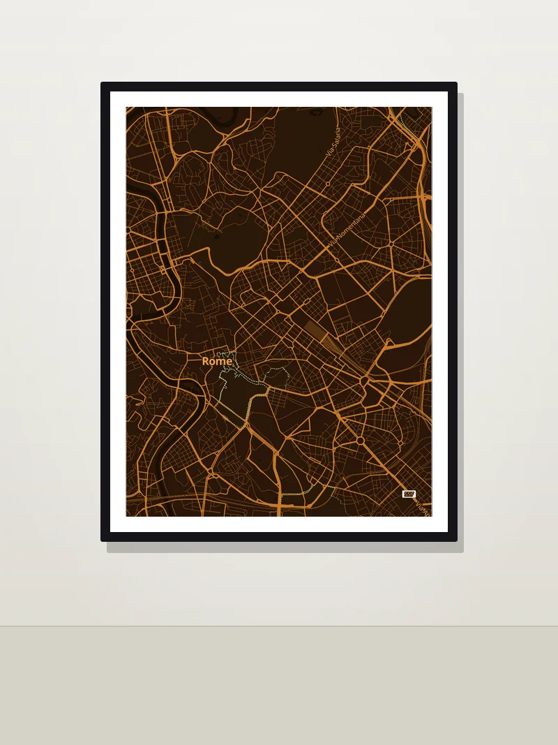 Rome framed map poster on a wall — Copper style