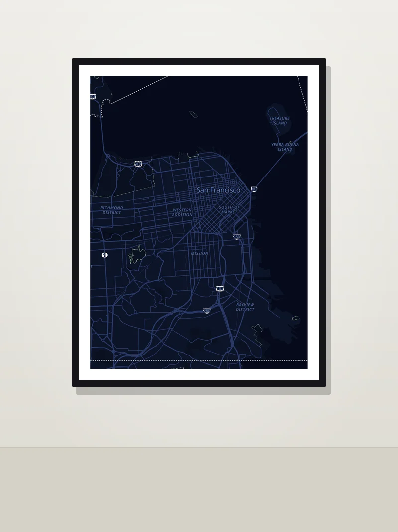 San Francisco framed map poster on a wall — Midnight style