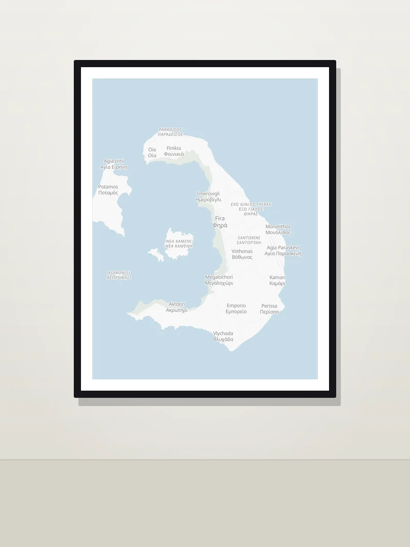 Santorini framed map poster on a wall — Minimalist style