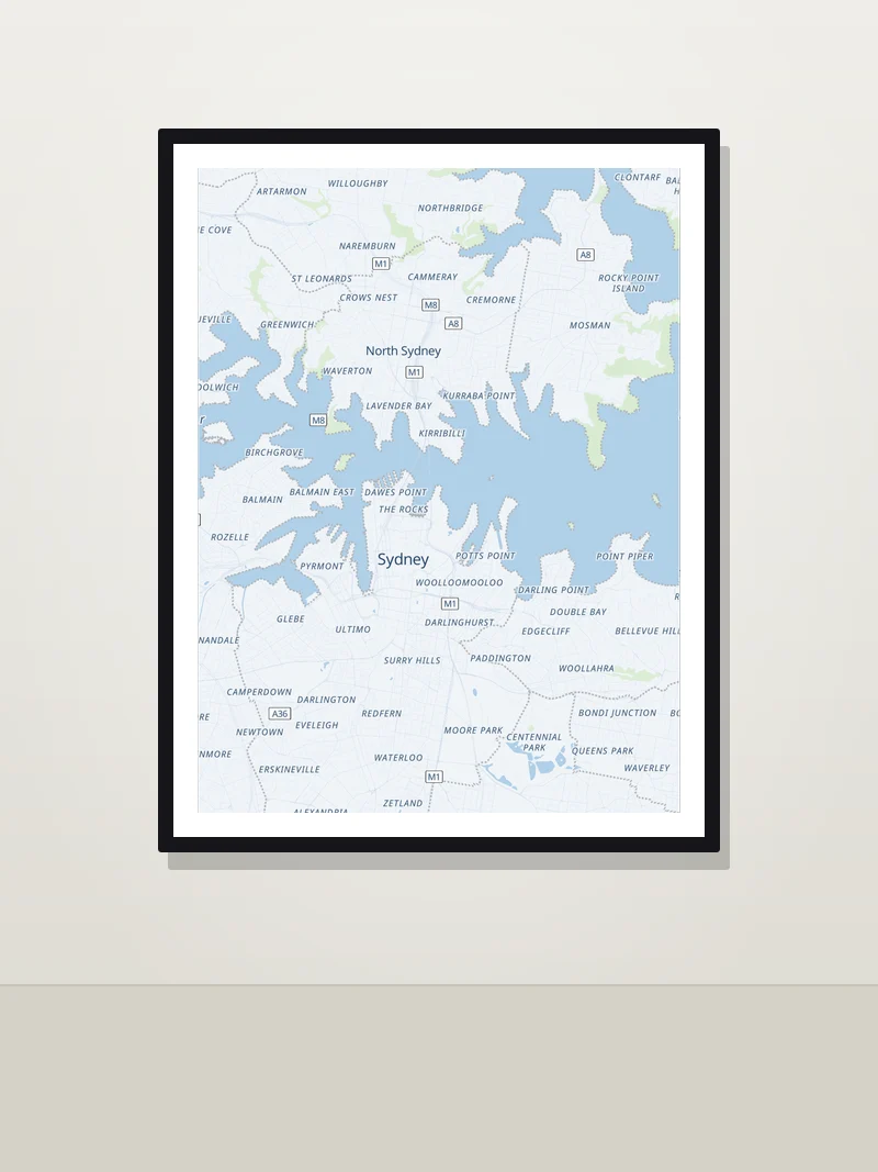 Sydney framed map poster on a wall — Arctic style