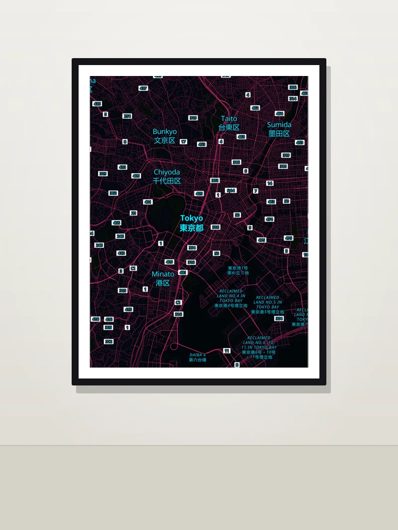 Tokyo framed map poster on a wall — Neon City style
