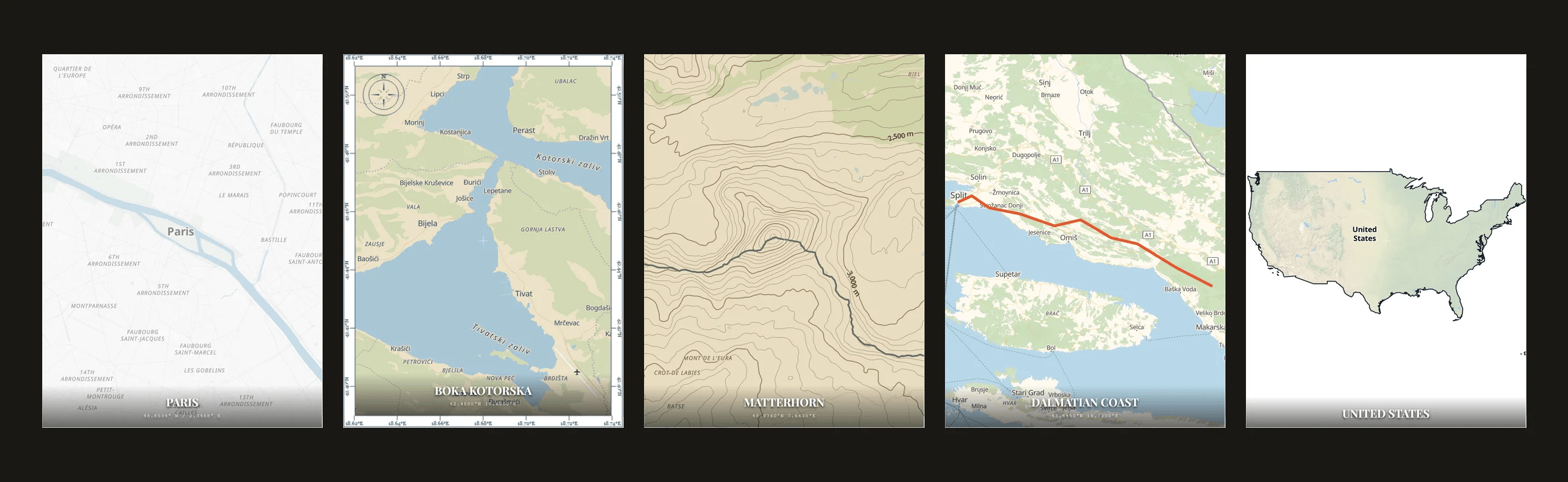 Real map posters made with PrintMap — a minimalist city map, a nautical chart, a topographic contour map, a GPX route map and a country-shaped poster