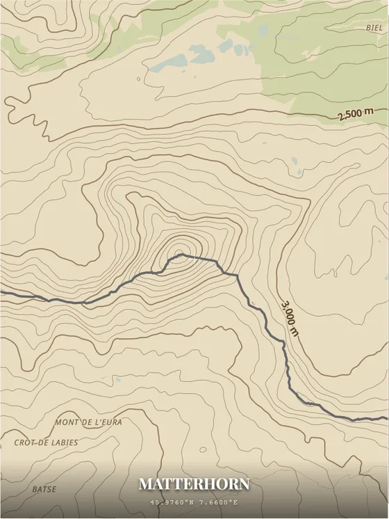 Topographic contour map poster of the Matterhorn made with PrintMap