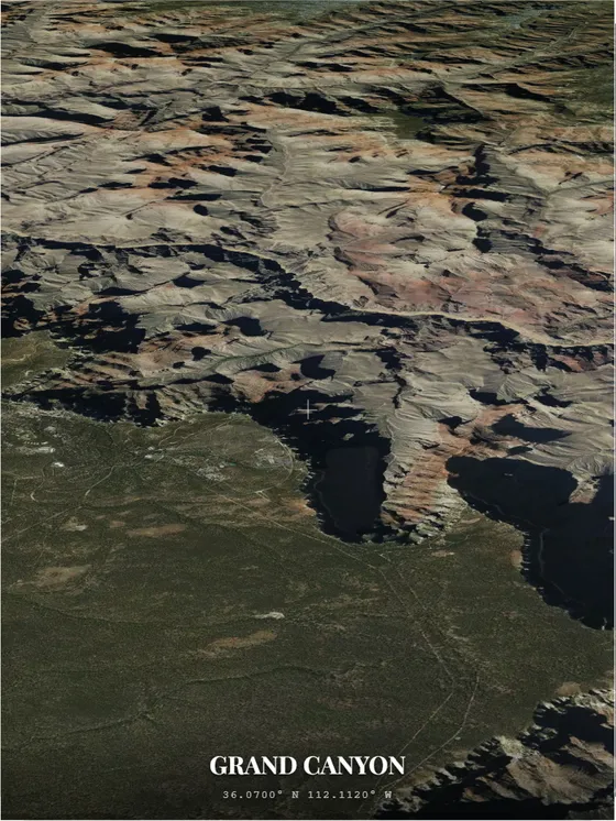 Tilted satellite view of the Grand Canyon with 3D terrain relief