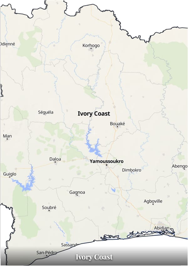 Ivory Coast map poster — the country's outline filled with a real map