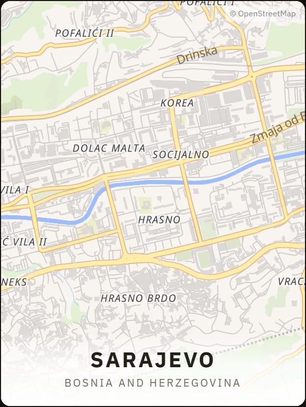 Sarajevo, Bosnia and Herzegovina street map poster