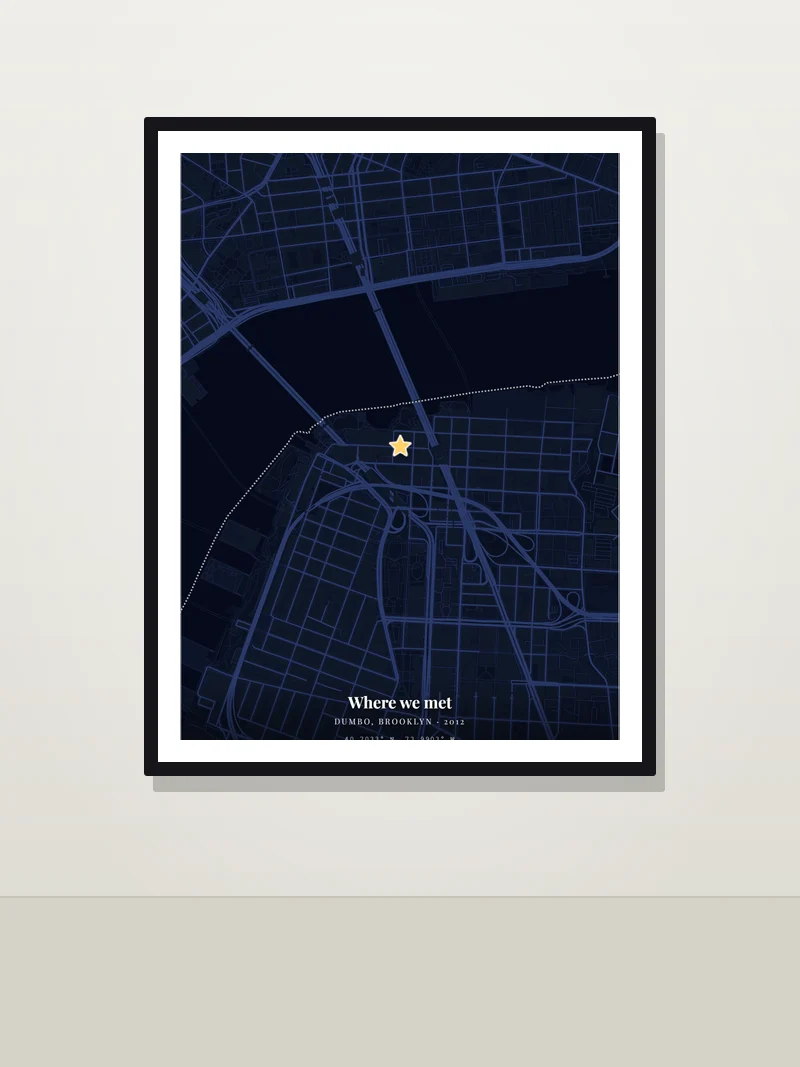 Brooklyn — "Where we met" — framed anniversary map poster on a wall