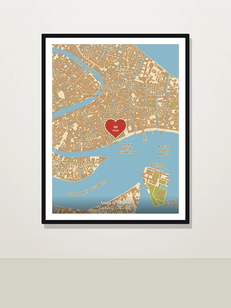 Venice — "10 years" — framed anniversary map poster on a wall