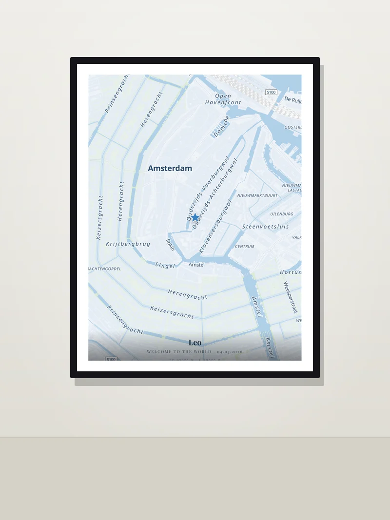 Amsterdam — "Leo" — framed birth map poster on a wall