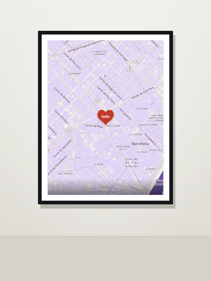 Barcelona — "Sofia" — framed birth map poster on a wall