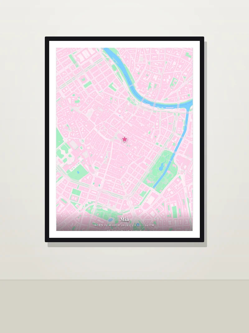Vienna — "Mia" — framed birth map poster on a wall