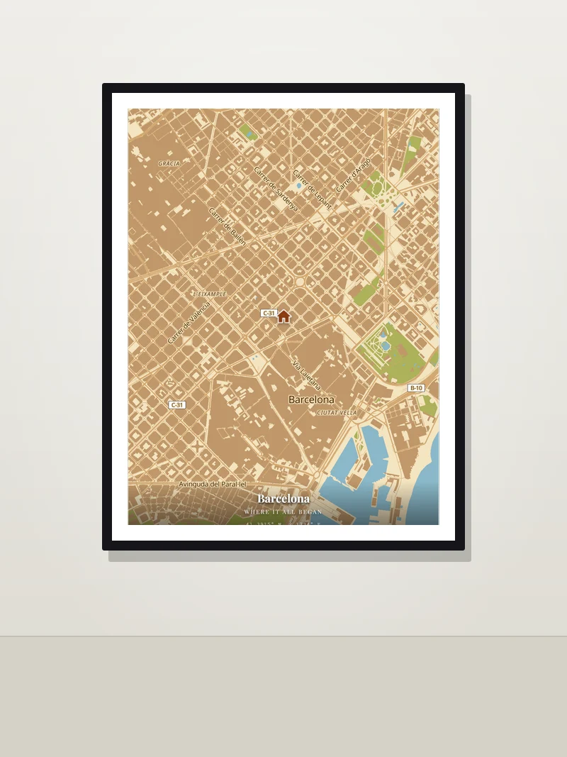 Barcelona — "Where it all began" — framed city map gift on a wall