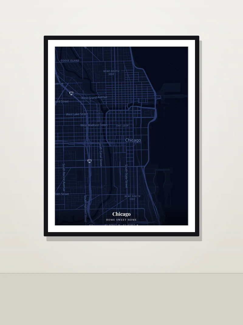 Chicago — "Home sweet home" — framed city map gift on a wall