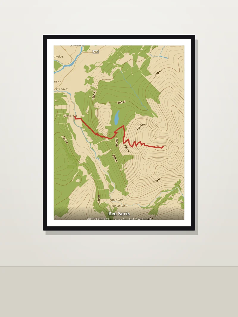 Ben Nevis, Scotland — framed hiking trail map poster on a wall