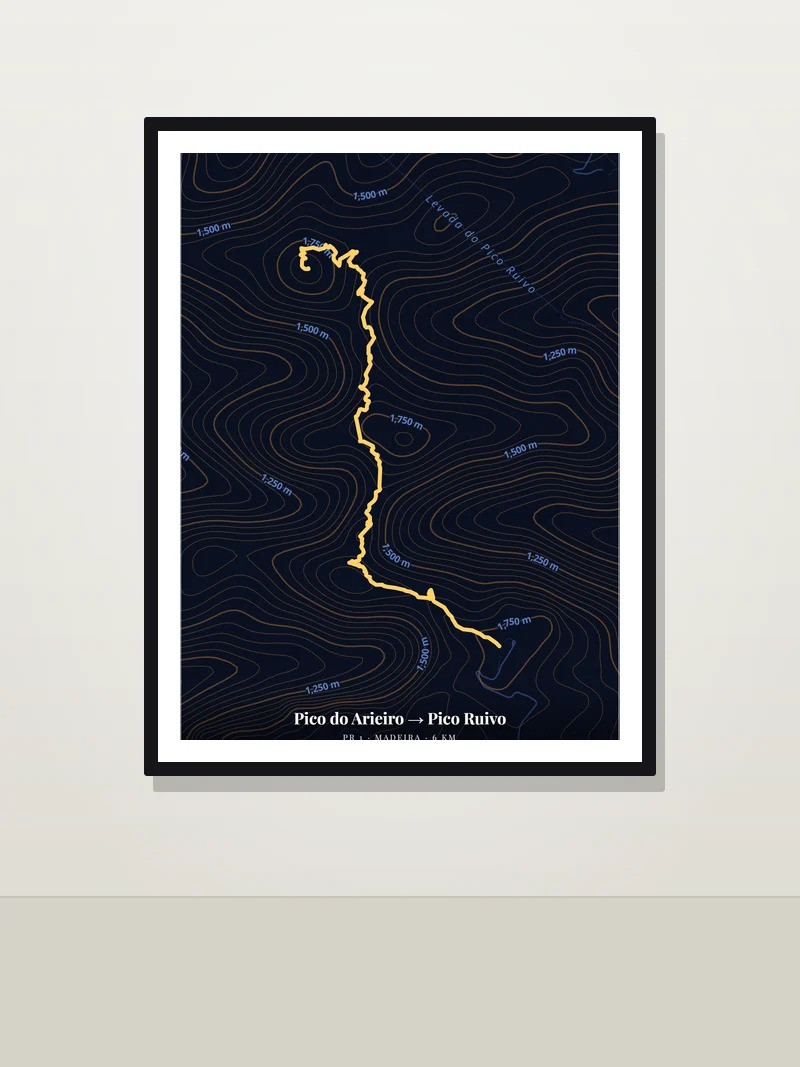 Pico do Arieiro → Pico Ruivo, Madeira — framed hiking trail map poster on a wall