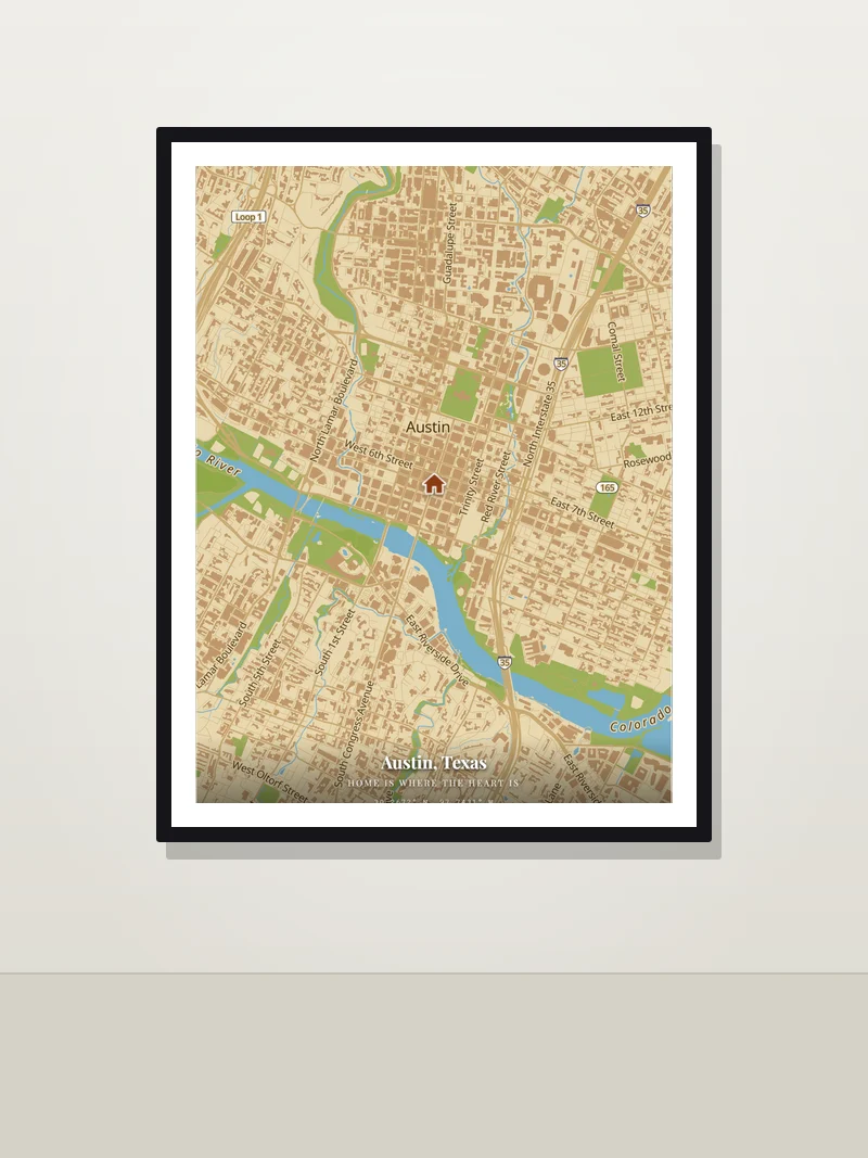Austin, Texas — framed hometown map poster on a wall