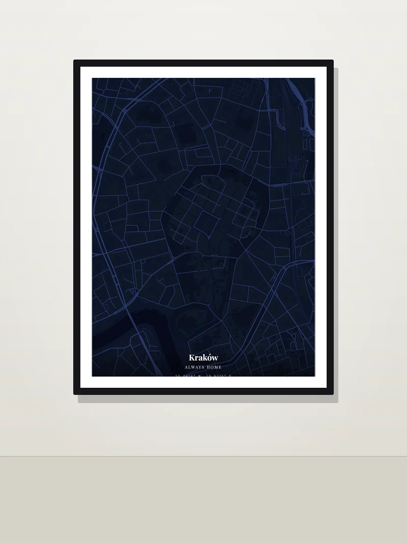 Kraków — "Always home" — framed hometown map poster on a wall