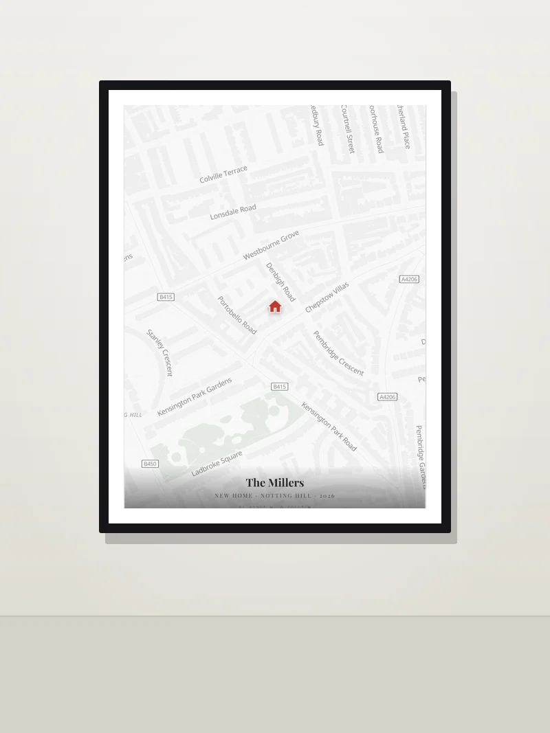 Notting Hill — "The Millers" — framed new home map poster on a wall