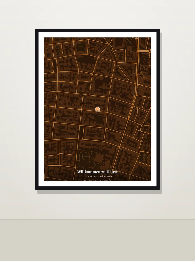 Munich — "Willkommen zu Hause" — framed new home map poster on a wall
