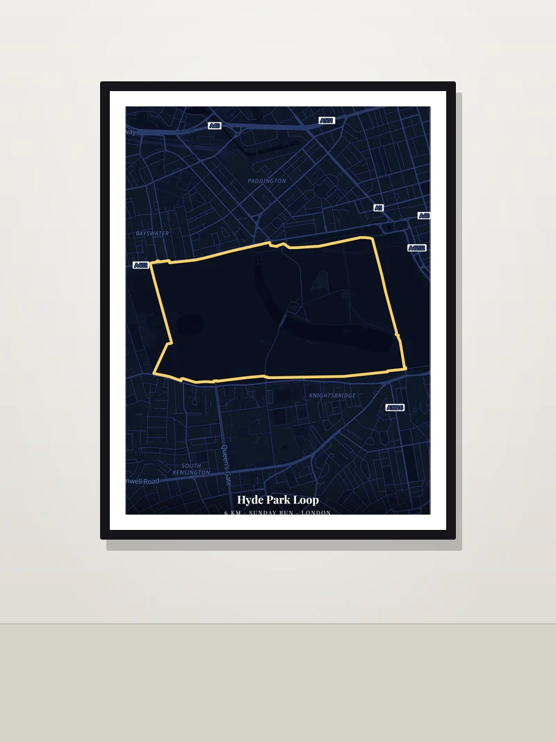 Hyde Park loop, London — framed running route poster on a wall