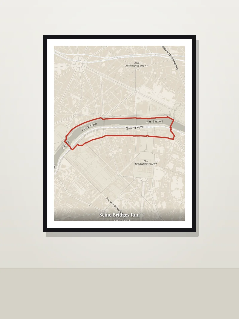 Seine bridges run, Paris — framed running route poster on a wall