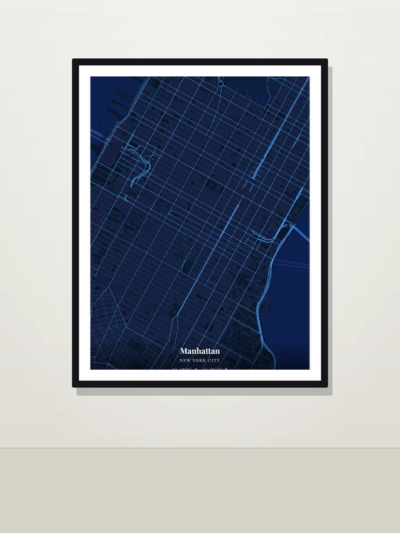 Manhattan — framed street map poster on a wall