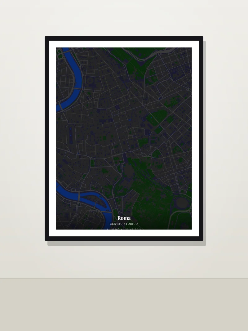 Roma, centro storico — framed street map poster on a wall