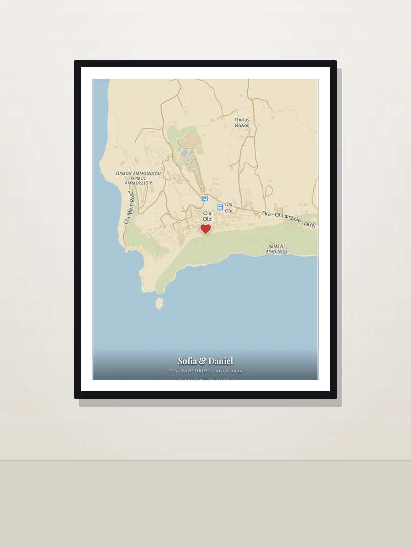 Oia, Santorini — framed wedding map poster on a wall